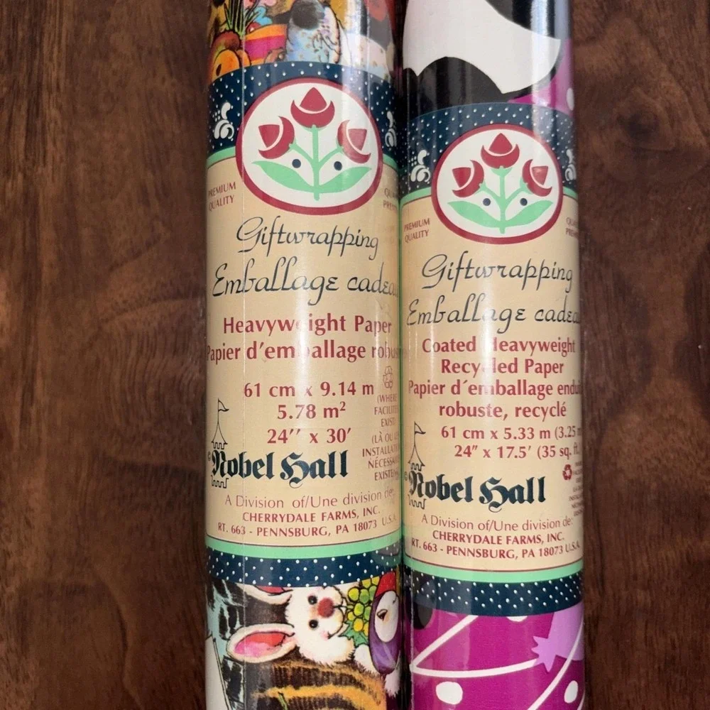 Lot of 2 Vtg Nobel Hall Premium Coated Heavyweight Gift Wrapping Paper Animals